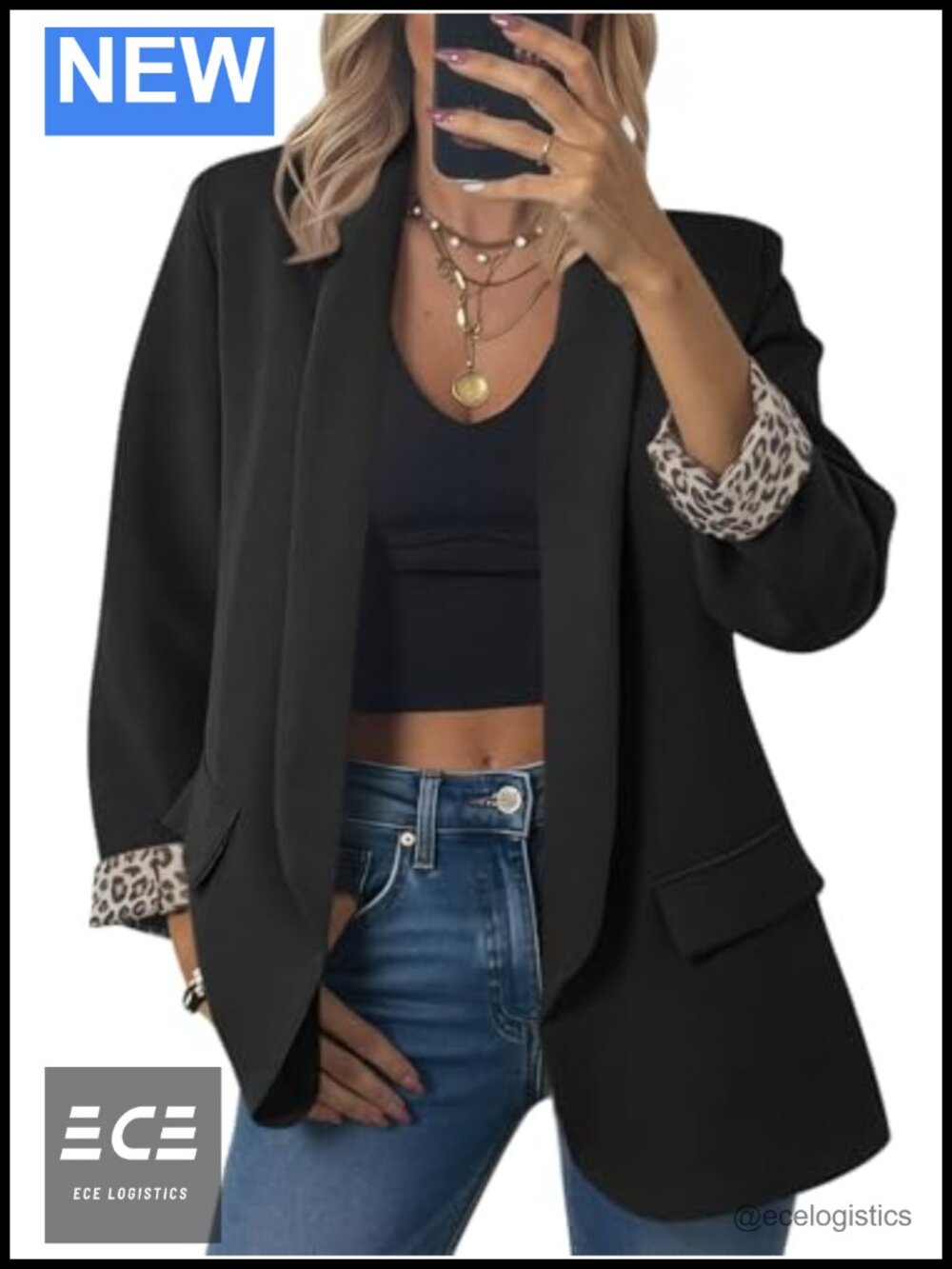Leopard Lined Shawl Collar Open Front Blazer Oversized Business Jacket